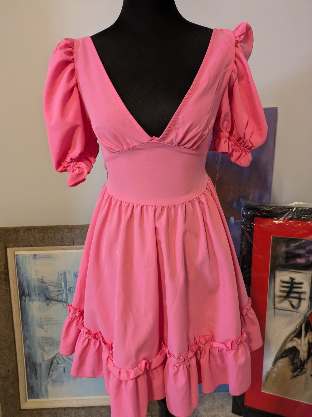 SHEIN Pink Puff-Sleeve Deep V Mini Dress Size XS Cutout Back Ruffle Hem